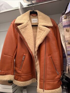 Wilfred Rust Brown Faux Leather Shearling Jacket with Cream Sherpa Lining